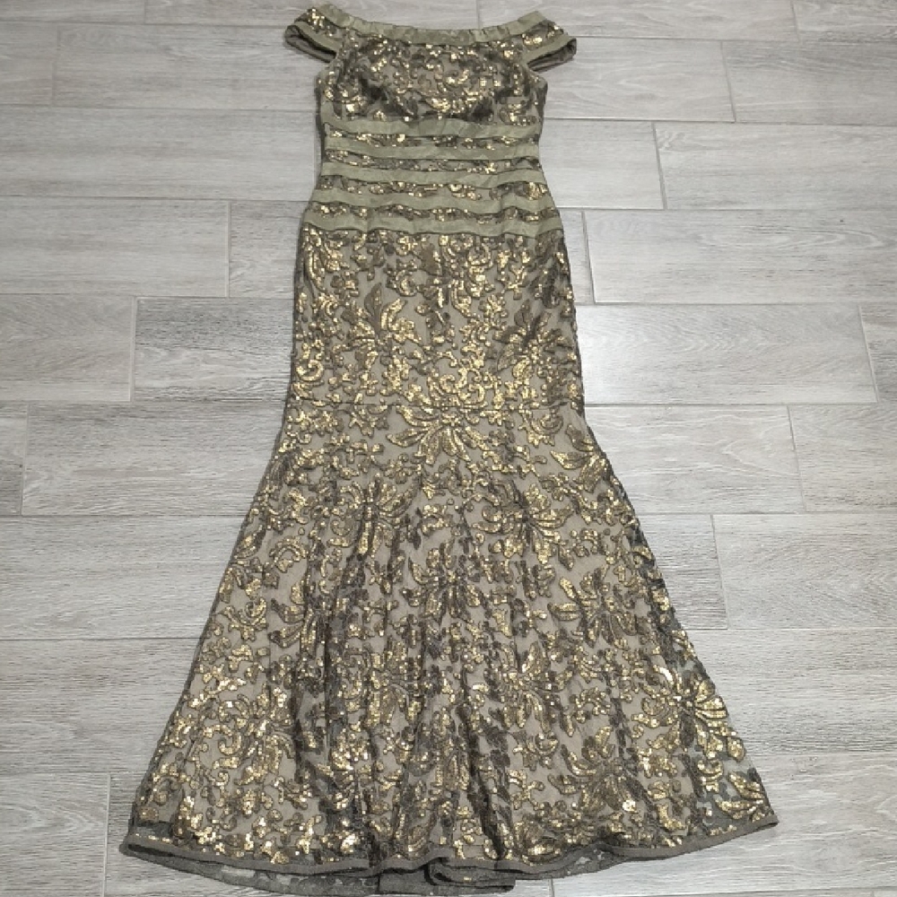 Tadashi Shoji Gold Gown With Sequins